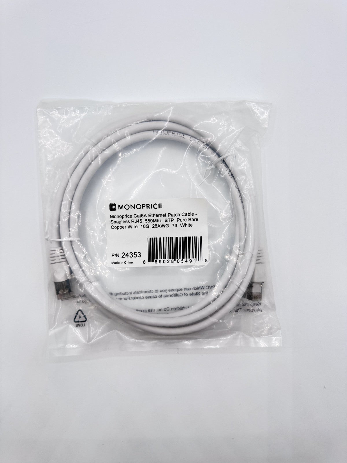 🆕 Monoprice 24353 Cat6A Ethernet Patch Cable 7ft White STP Snagless RJ45 10G