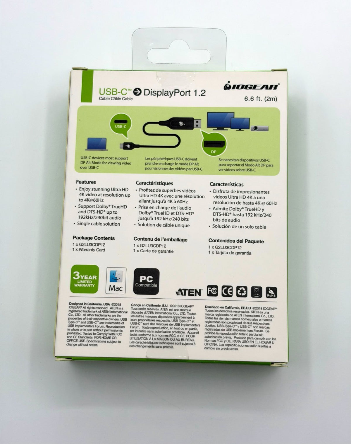 π IOGEAR USB-C to DisplayPort 1.2 Cable 6.6 ft (2m) | 4K@60Hz | HDR | New