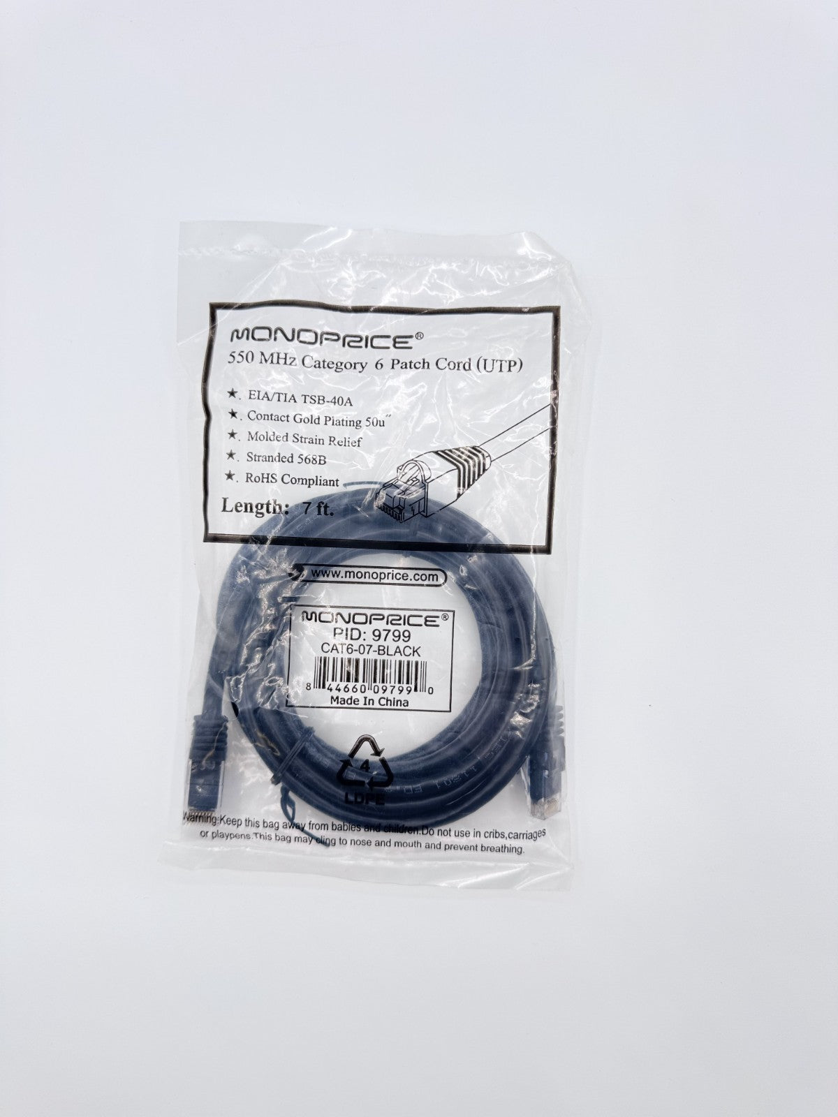 ๐ Monoprice 9799 Cat6 Ethernet Patch Cable 7ft Black RJ45 UTP 550MHz โ New