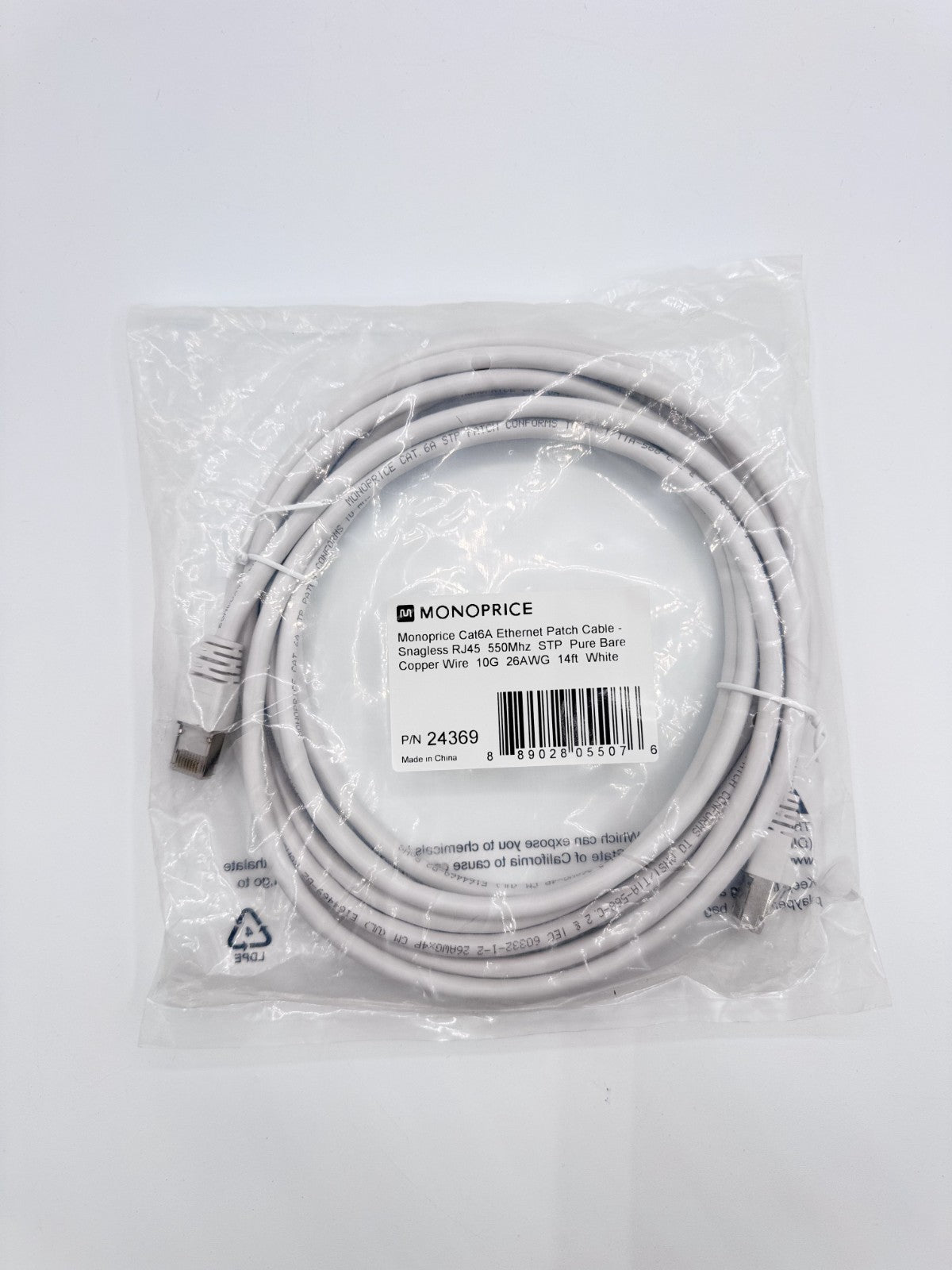🆕 Monoprice Cat 6A Patch Cable 14ft White STP RJ45 Snagless Ethernet Cable