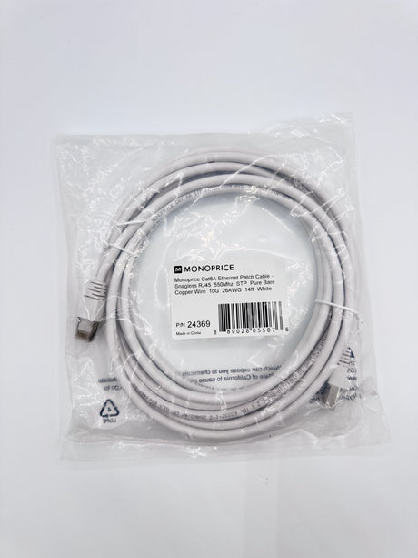 🆕 Monoprice Cat 6A Patch Cable 14ft White STP RJ45 Snagless Ethernet Cable