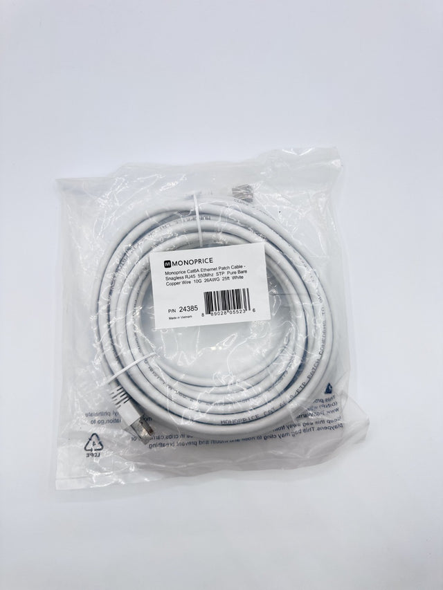 🆕 Monoprice 24385 Cat6A Ethernet Patch Cable 25ft White STP Snagless RJ45 10G –