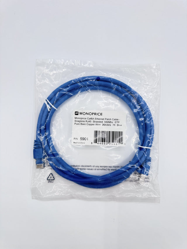 🆕 Monoprice Cat 6A Patch Cable 7ft Blue STP RJ45 Snagless Ethernet Cable