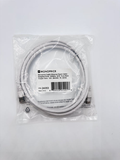 🆕 Monoprice 24353 Cat6A Ethernet Patch Cable 7ft White STP Snagless RJ45 10G