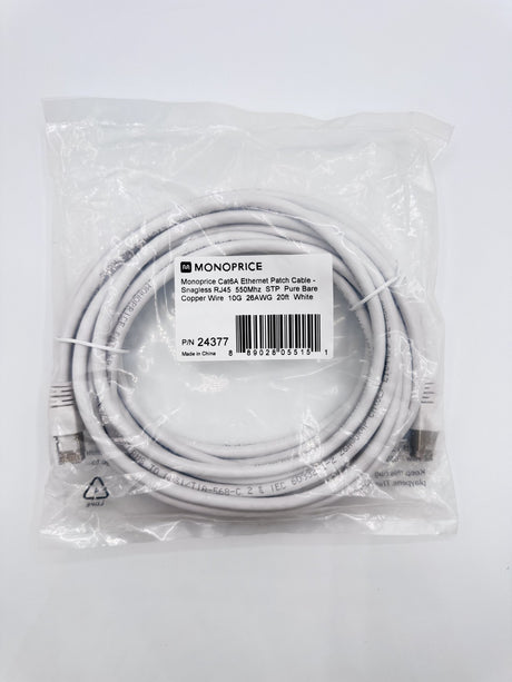 🆕 Monoprice 24377 Cat6A Ethernet Patch Cable 20ft White STP Snagless RJ45 10G –