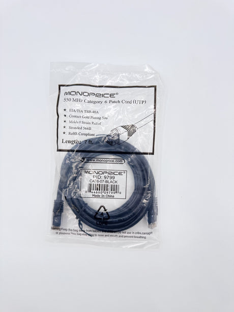 🆕 Monoprice 9799 Cat6 Ethernet Patch Cable 7ft Black RJ45 UTP 550MHz – New