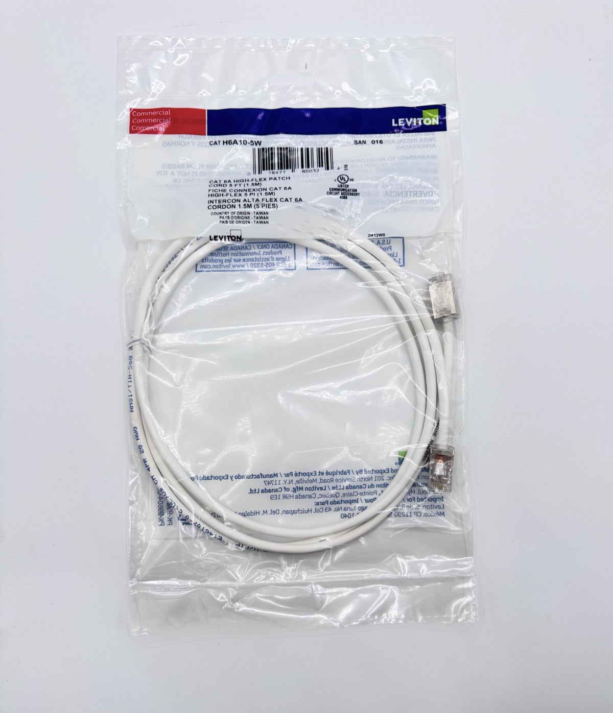 🆕 Leviton H6A10-5W Cat6A High-Flex Patch Cable 5ft White RJ45 Ethernet – New